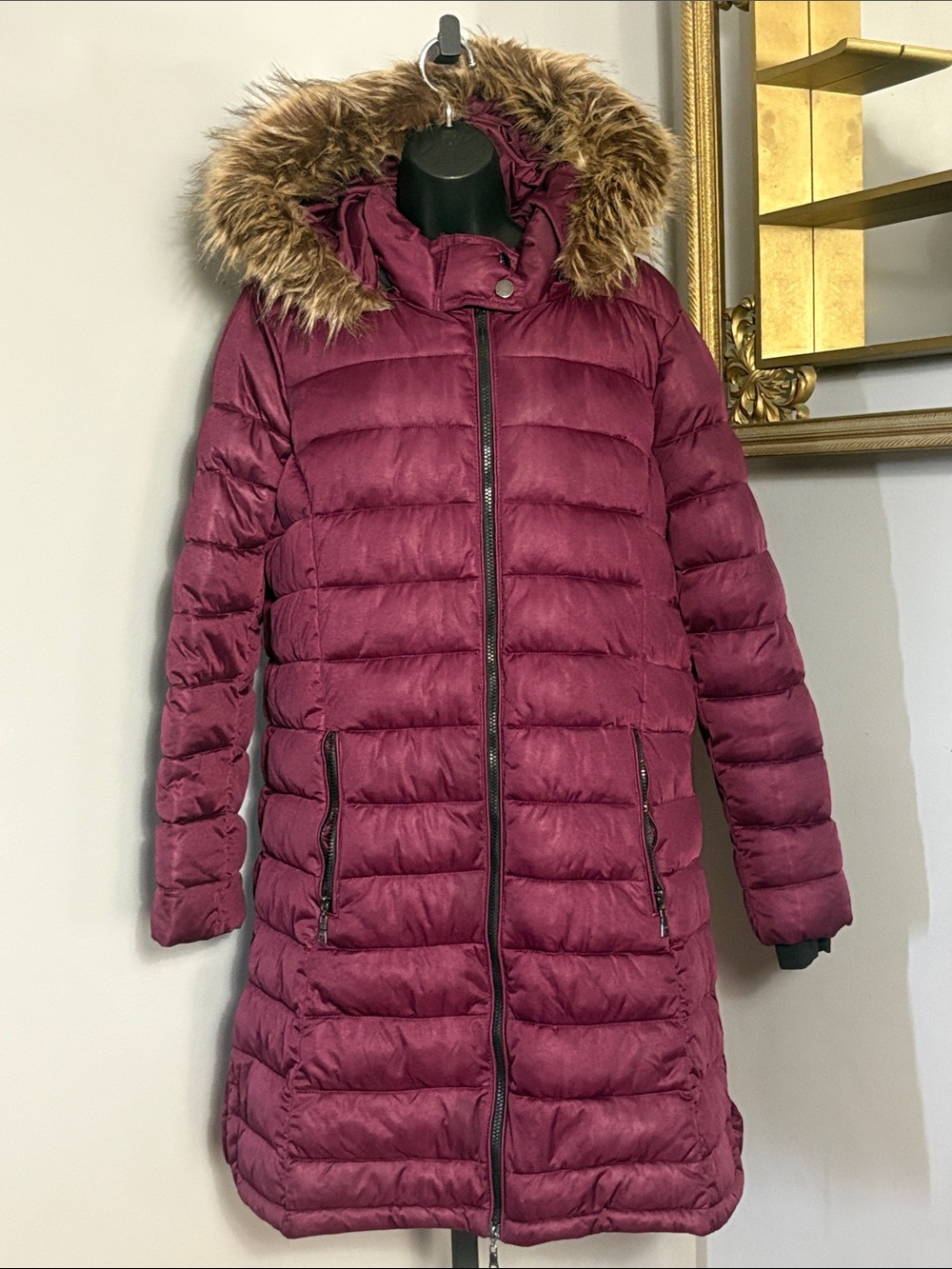 Nuage Size XL Burgundy Long Puffer Coat with Faux Fur Hood